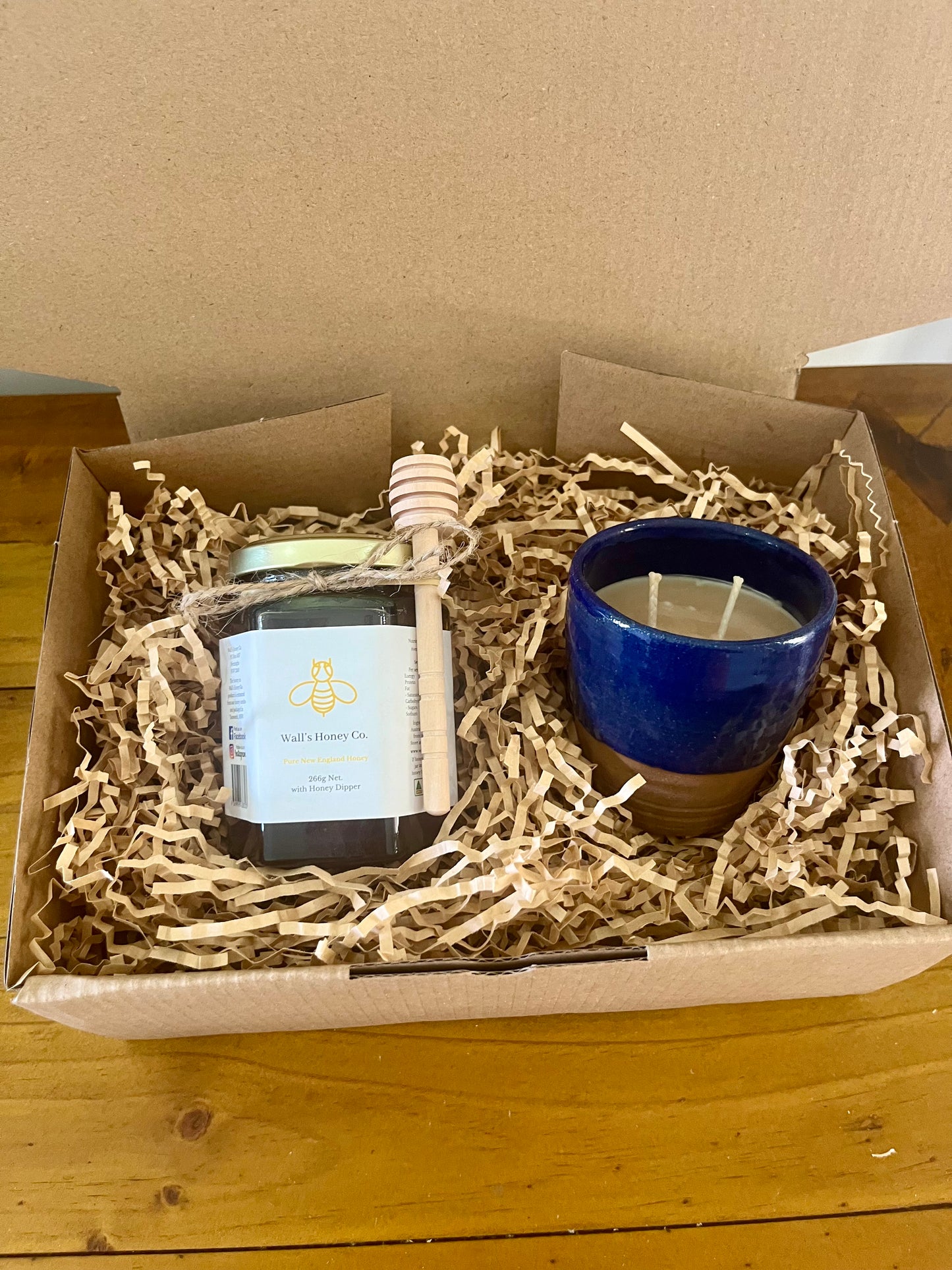 Blue pottery beeswax candle and honey gift box