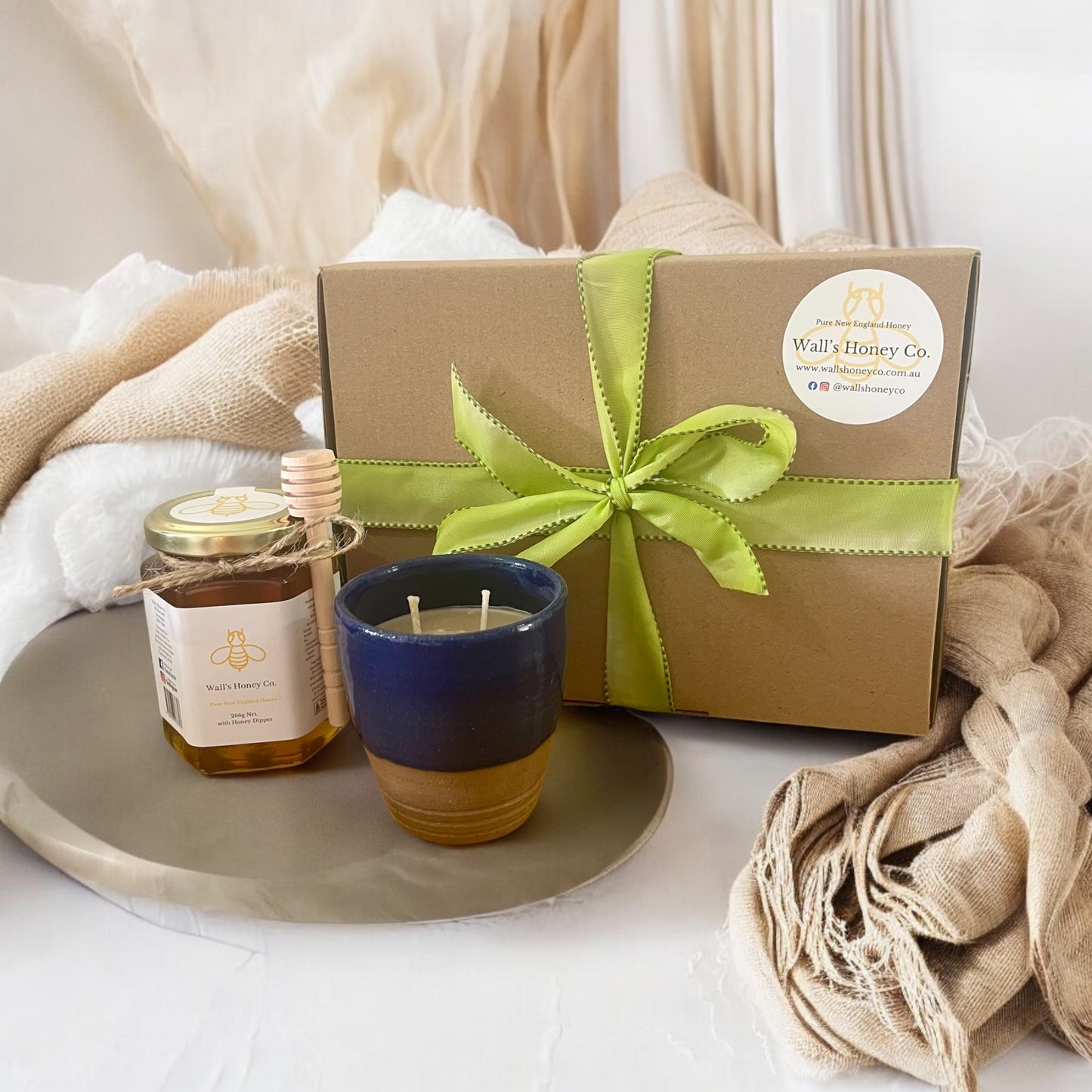 Blue pottery beeswax candle and honey gift box