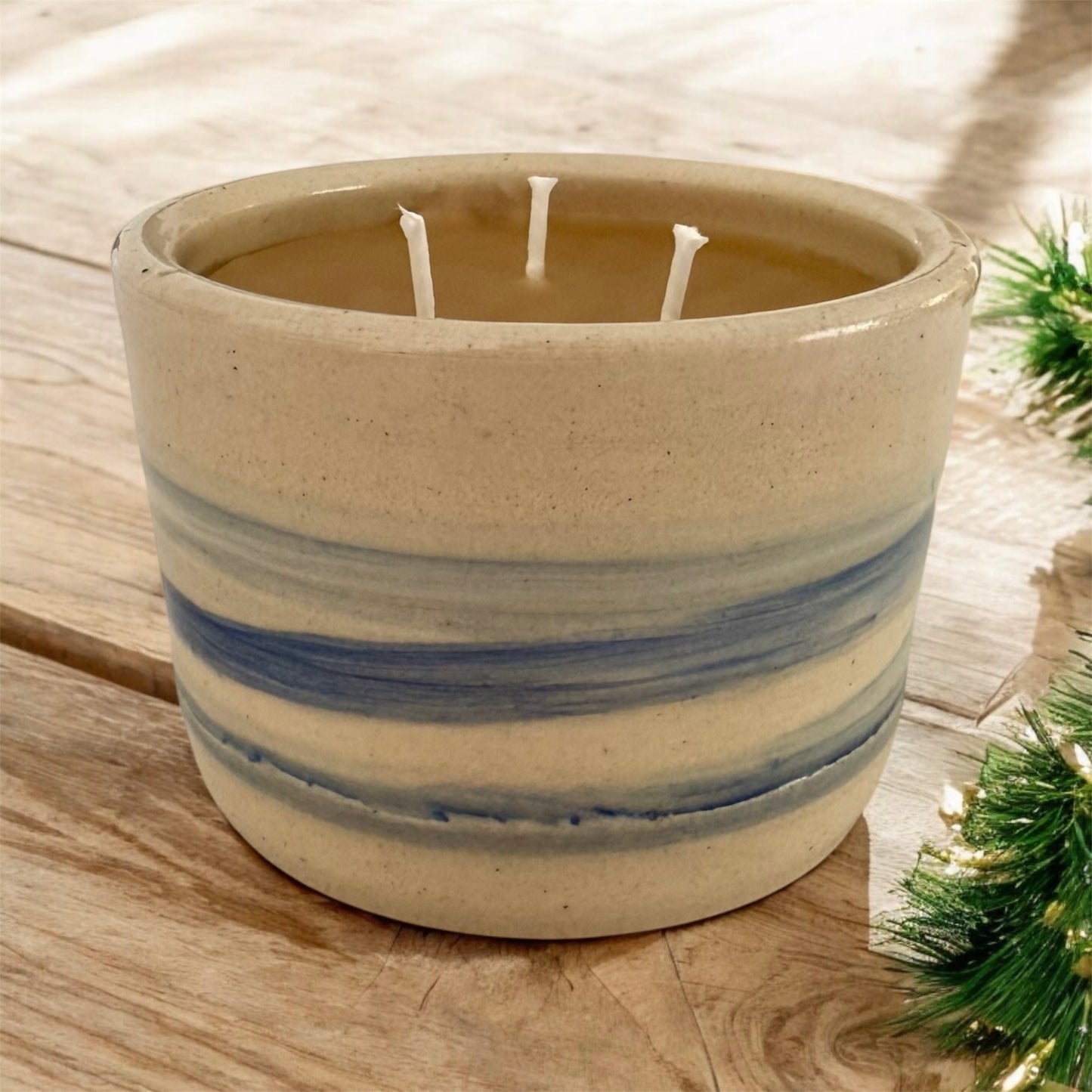 “Flowing River” pure beeswax candle in local pottery