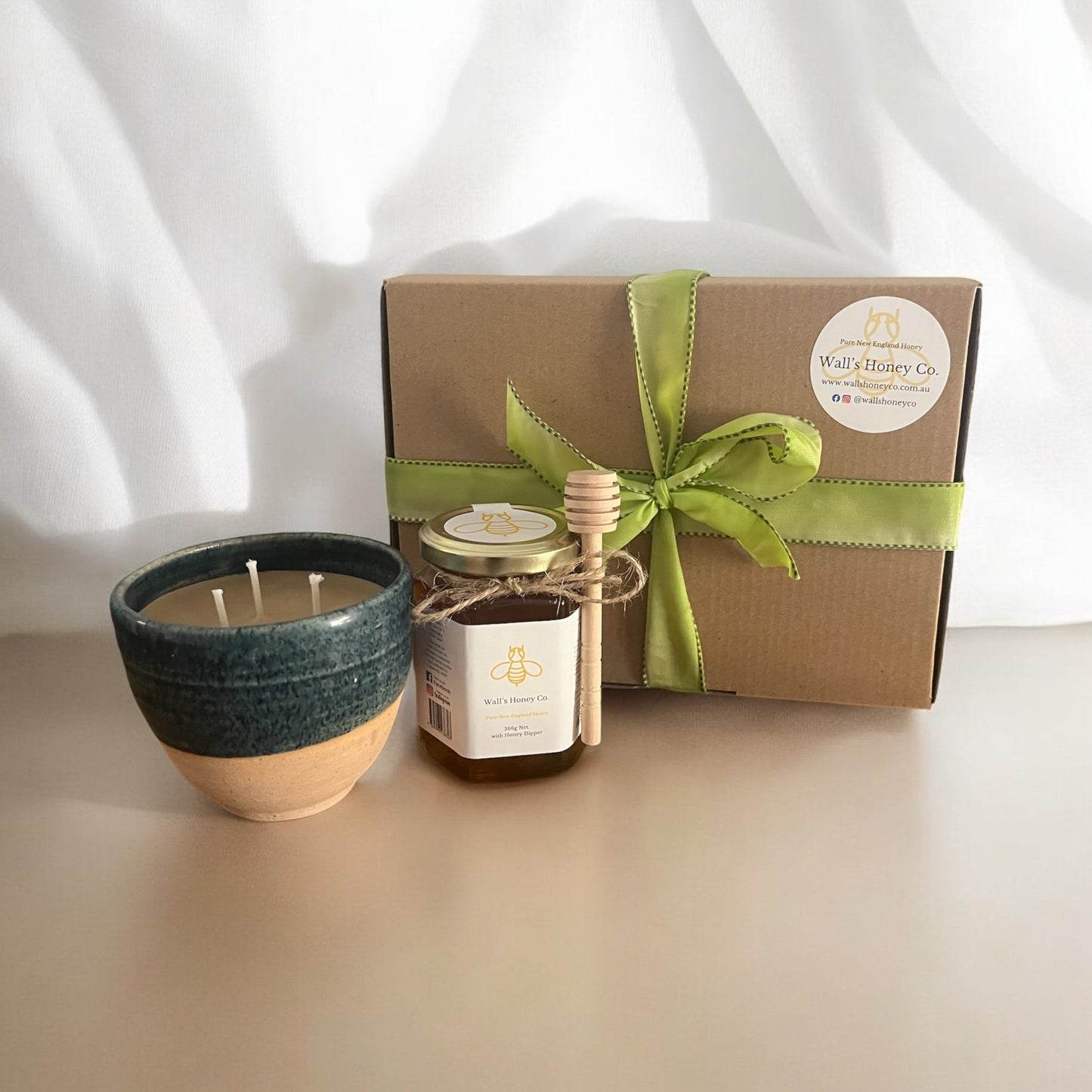 Blue Glaze Pottery Beeswax Candle & Honey Gift Box