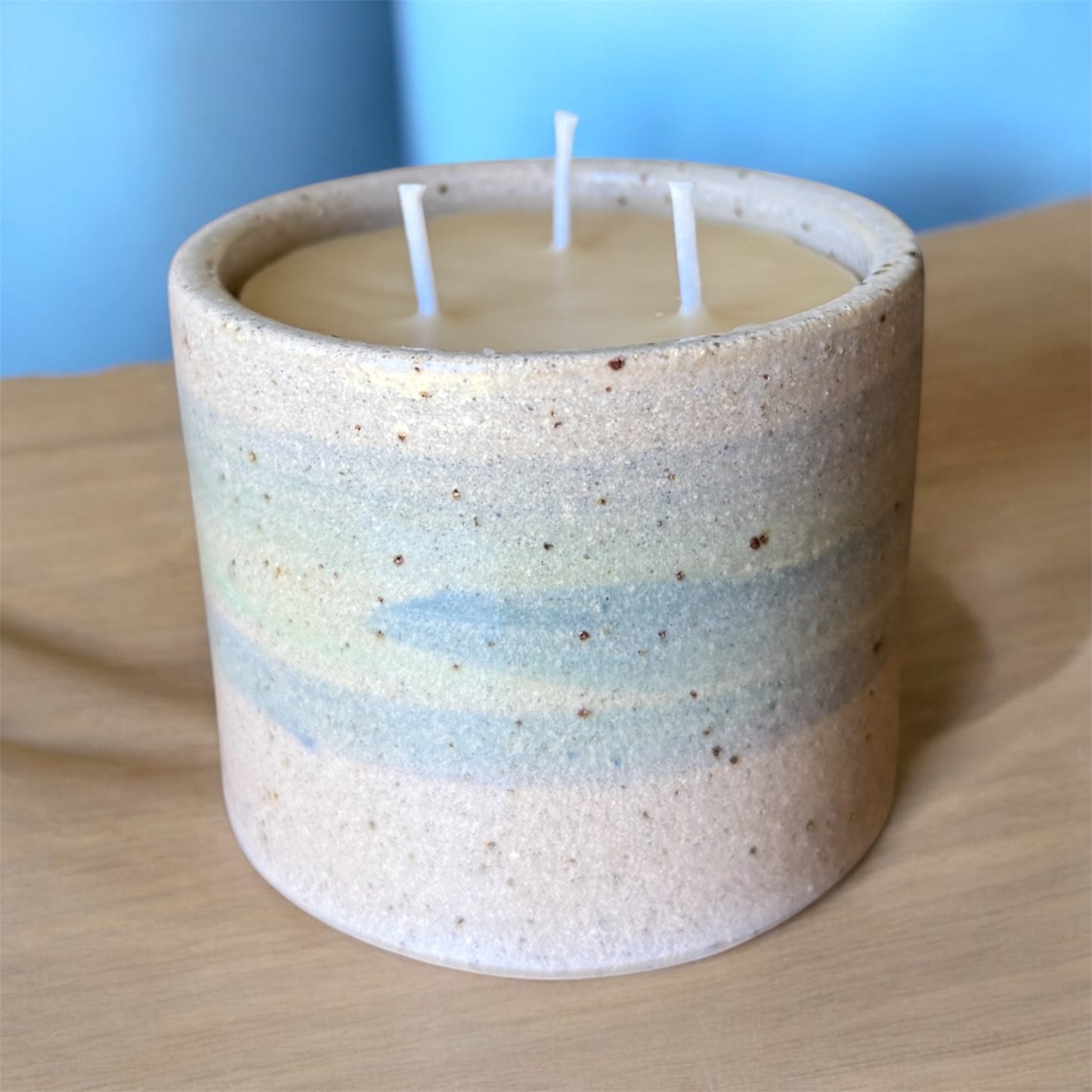 “Planet Earth” pure beeswax candle in local pottery