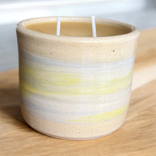 “Golden Tide” pure beeswax candle in local pottery