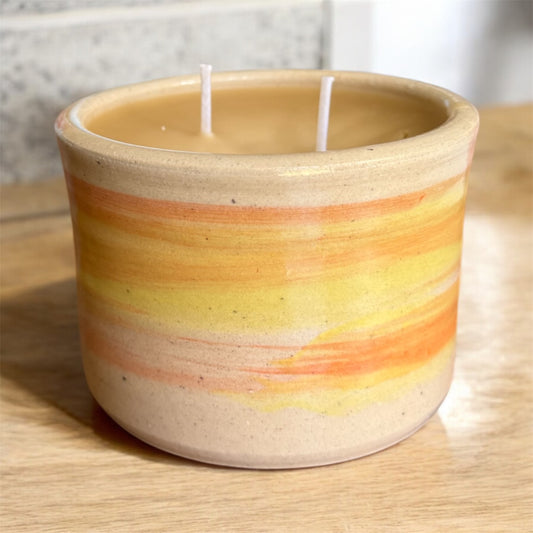 “Golden Harvest” pure beeswax candle in local pottery