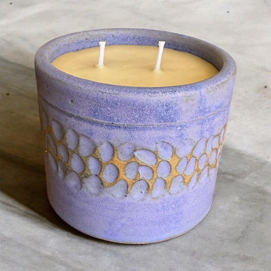 “Lavender Luxe” pure beeswax candle in local pottery