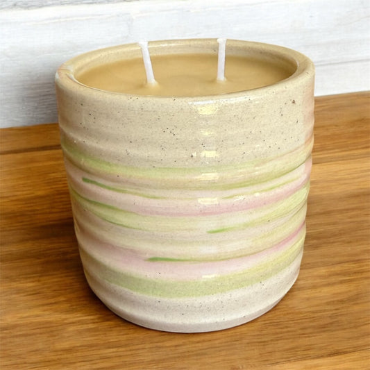 “Evergeen” pure beeswax candle in local pottery