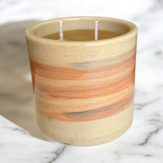 “Autumn Sky” pure beeswax candle in local pottery