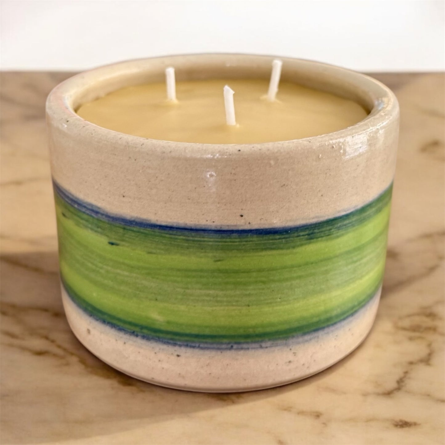 “Moss” pure beeswax candle in local pottery